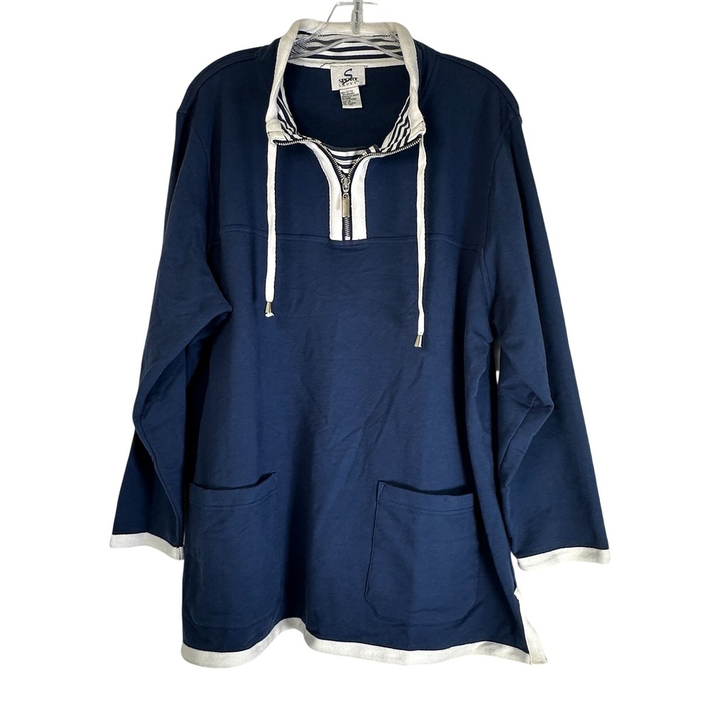 Sport Savvy Navy Blue Quarter Zip Pullover Tunic White Trim Pockets 1X